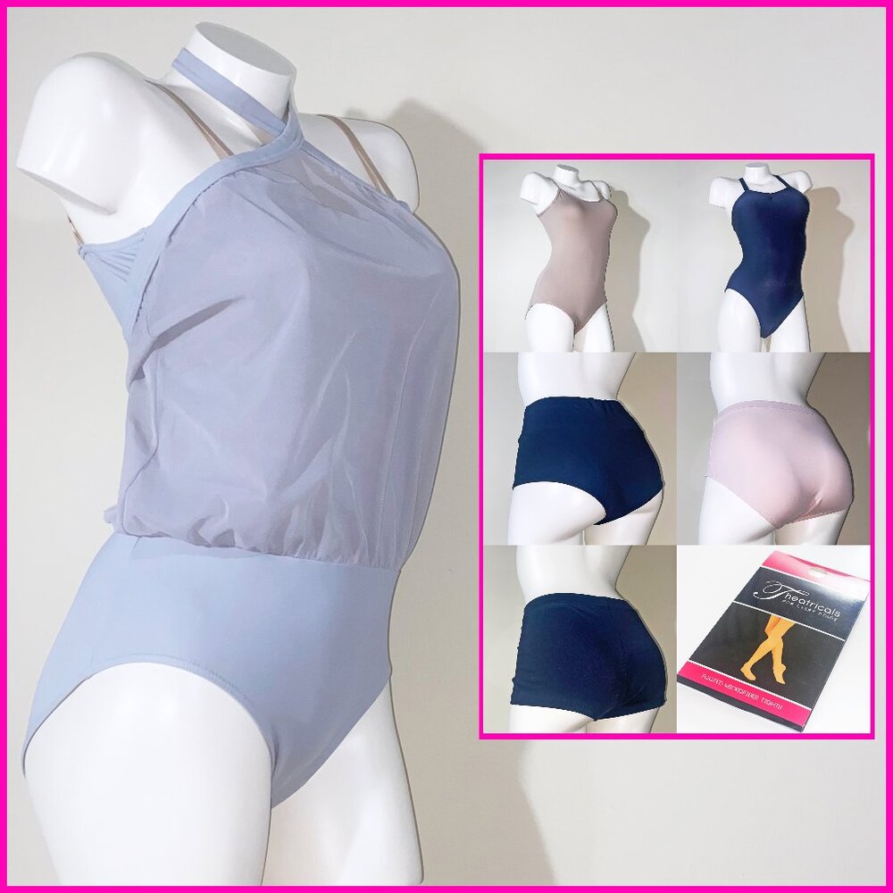 PRE-LOVED 7 PIECE BALLET / DANCE BUNDLE - 3 LEOTARDS, 3 SHORTS, & 1 NEW TIGHTS